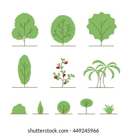 Tree and Bushes Icon Set on a White Background. Vector Nature Elements Collection.