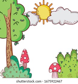 tree bushes mushroom sun clouds nature cartoon vector illustration