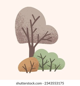 Tree and bushes in a naive children's style. Autumn colored illustration. Clipart for the design of greeting cards, invitations, prints, stickers and patterns.