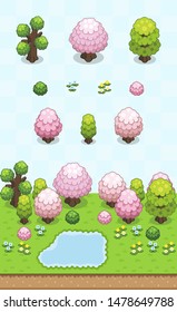Tree, bushes, and small vegetation inspired from Japanese garden in spring, made on oblique projection. Images are designed to align into square grid for easy game tile-mapping.