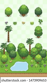 Tree, bushes, and small vegetation set for tropical rainforest scene on oblique projection. Images are designed to align into square grid for easy game tile-mapping.