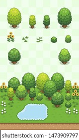 Tree, bushes, and small vegetation set for green summer scene on oblique projection. Images are designed to align into square grid for easy game tile-mapping.