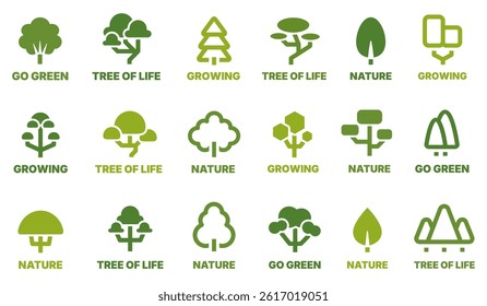 Tree business logo. Oak and pines silhouette emblem, abstract tree growth nature forest business icons, simple green leaf badge for park garden label. Vector green trees set.
