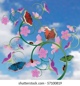 Tree with butterflies and dragonflies.