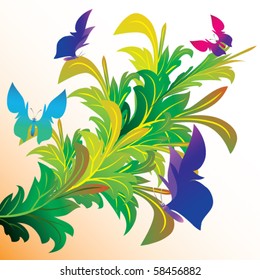 Árbol con mariposas y libélulas.