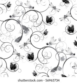 Tree with butterflies and dragonflies. Seamless.