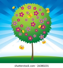 tree with butterflies and flowers