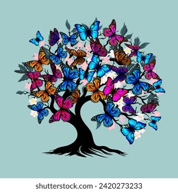 Tree with butterflies. hand drawing. Not AI, Vector illustration