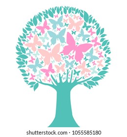 Tree with butterflies isolated on White background. Vector illustration