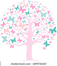 Tree with butterflies isolated on White background. Vector illustration