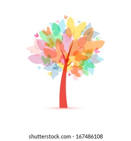 Tree with butterflies isolated on white background.