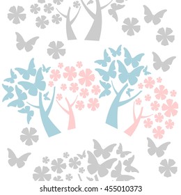 tree, butterflies leaves seamless background