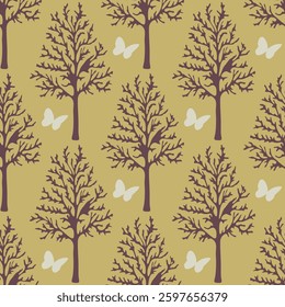 A tree with butterflies on it. The tree is brown and yellow