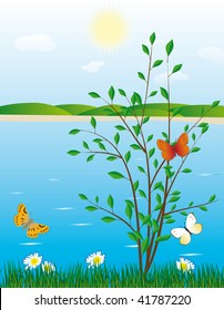 Tree and a butterfly on the river bank. Vector illustration