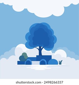 Árbol junto al lago, niebla, Vector