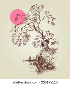 Un árbol a orillas del lago o del río y un bosquejo rosa de luna llena