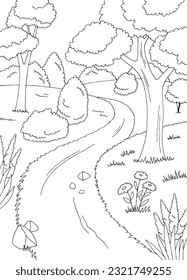 Tree by the road in the forest graphic black white landscape sketch illustration vector