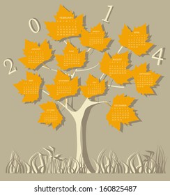Tree calendar for 2014 year on leaves