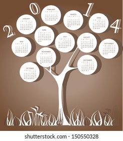 Tree calendar for 2014 year with white circles