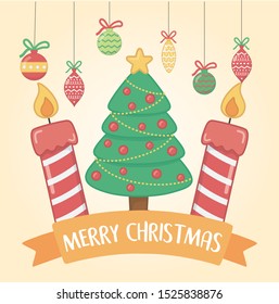 tree candles balls ribbon celebration merry christmas poster vector illustration
