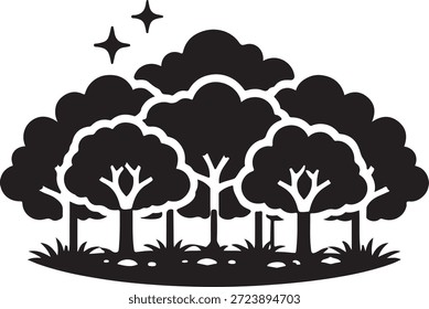 Baumkronendach Silhouettierter Wald unter Sternen einzeln auf weißem Hintergrund, Vektorgrafik, Illustration
