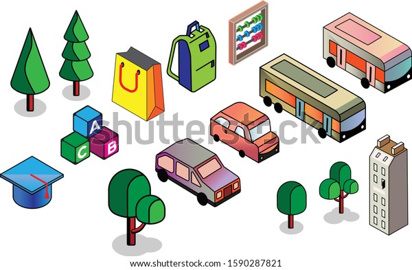 Tree, car, buss, building, education, school, tree\
isometric icon