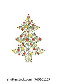 Tree with carcass and balls, symbolic image of pine that is presented in schematic way, baubles collection on vector illustration isolated on white