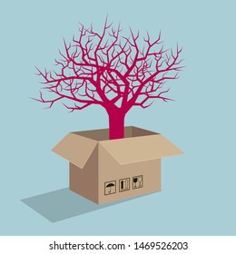 The tree is in the cardboard box. Isolated on blue background.