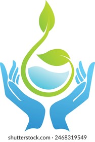 Diseño del logotipo de Tree Care. Vector de diseño de logotipo de gota de agua para cuidado de manos. Guardar Póster de agua Pulsar para dejar caer el Vector de stock. Icono de la silueta de lavarse las manos. Conservación de agua Gota de agua Manos humanas sistema fresco