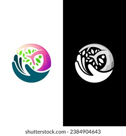 Diseño del logotipo de cuidado de árboles, combinación de logotipo de mano y árbol, logotipos de tierra