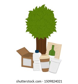 Tree with carton bos, bottles, sheet paper and papr cups. Recycling concept - Vector