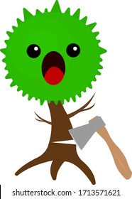 tree cartoon character with a damaged trunk screaming in fright near a sharp ax the concept of illegal deforestation and environmental protection