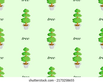 Tree cartoon character seamless pattern on green background. Pixel style
