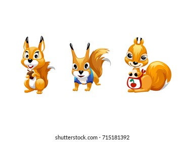 Tree cartoon cute squirrel. Girl squirrel. A squirrel boy is holding a nut. The boy squirrel runs. Vector illustration isolated on white background