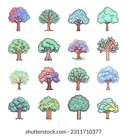 Tree Cartoon Pastel Color Set, Flat Illustration