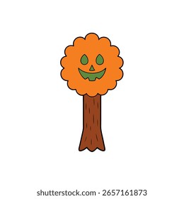 tree with carved pumpkin faces embedded in trunk