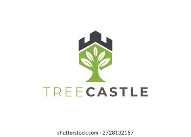 Design do logotipo da árvore e do castelo para identidade da marca de bens imobiliários, patrimônio e natureza