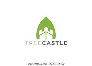 Design do logotipo da árvore e do castelo para identidade da marca de bens imobiliários, patrimônio e natureza