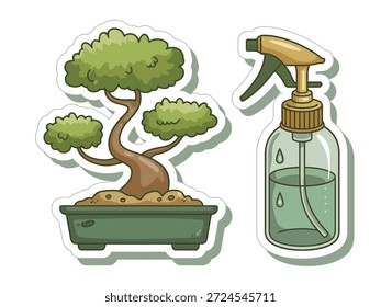 Baum in Keramik Topf und Garten Wasser Spray Flasche Aufkleber Set Zen Gardening und Indoor Pflanzenpflege Konzept Vektor