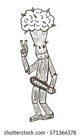 tree with a chainsaw,tree revenge concept. black and white picture
