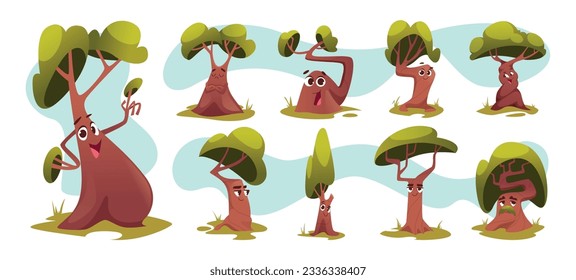 Tree character. Plants with expression faces old and young fairytale trees exact vector fantasy illustrations