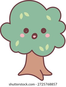 Tree character with round crown, trunk, blush cheeks, and seed leaves in a clean outline. Symbol of nature, eco care, forest friend, and growth. Cartoon vector illustration.
