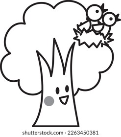A tree character staring at a bird's nest and smiling. Black and white line drawing.
A cute illustration of a deformed tree.