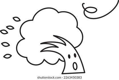 A tree character that is blown by a strong wind. Black and white line drawing.
A cute illustration of a deformed tree.