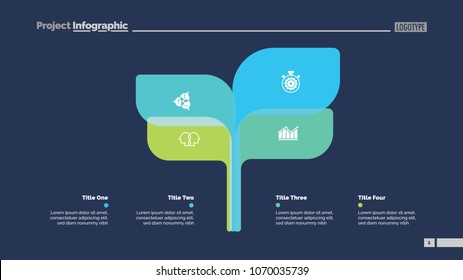 Tree chart slide template with four elements. Business data. Option, process, design. Creative concept for infographic, report. Can be used for topics like research, analytics, marketing