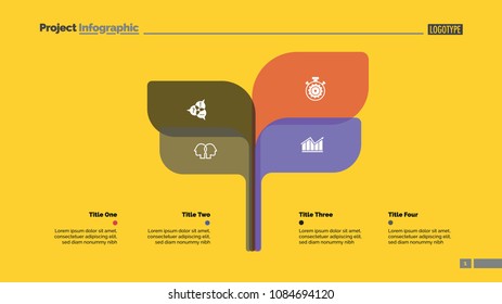 Tree chart slide template with four elements. Business data. Option, process, design. Creative concept for infographic, report. Can be used for topics like research, analytics, marketing