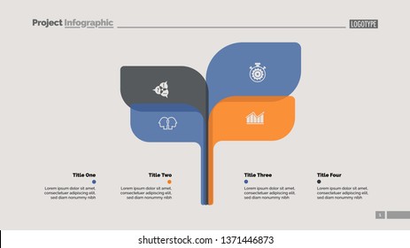 Tree chart slide template with four elements. Business data. Option, process, design. Creative concept for infographic, report. Can be used for topics like research, analytics, marketing