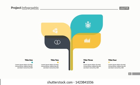 Tree chart slide template with four elements. Business data. Option, process, design. Creative concept for infographic, report. Can be used for topics like research, analytics, marketing