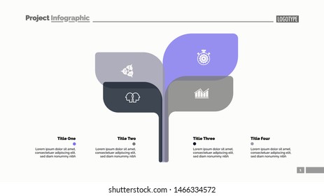 Tree chart slide template with four elements. Business data. Option, process, design. Creative concept for infographic, report. Can be used for topics like research, analytics, marketing