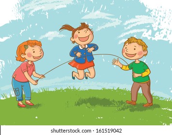 Tree Children Playing Skipping Rope. Children illustration for School books and more. Separate Objects. VECTOR.